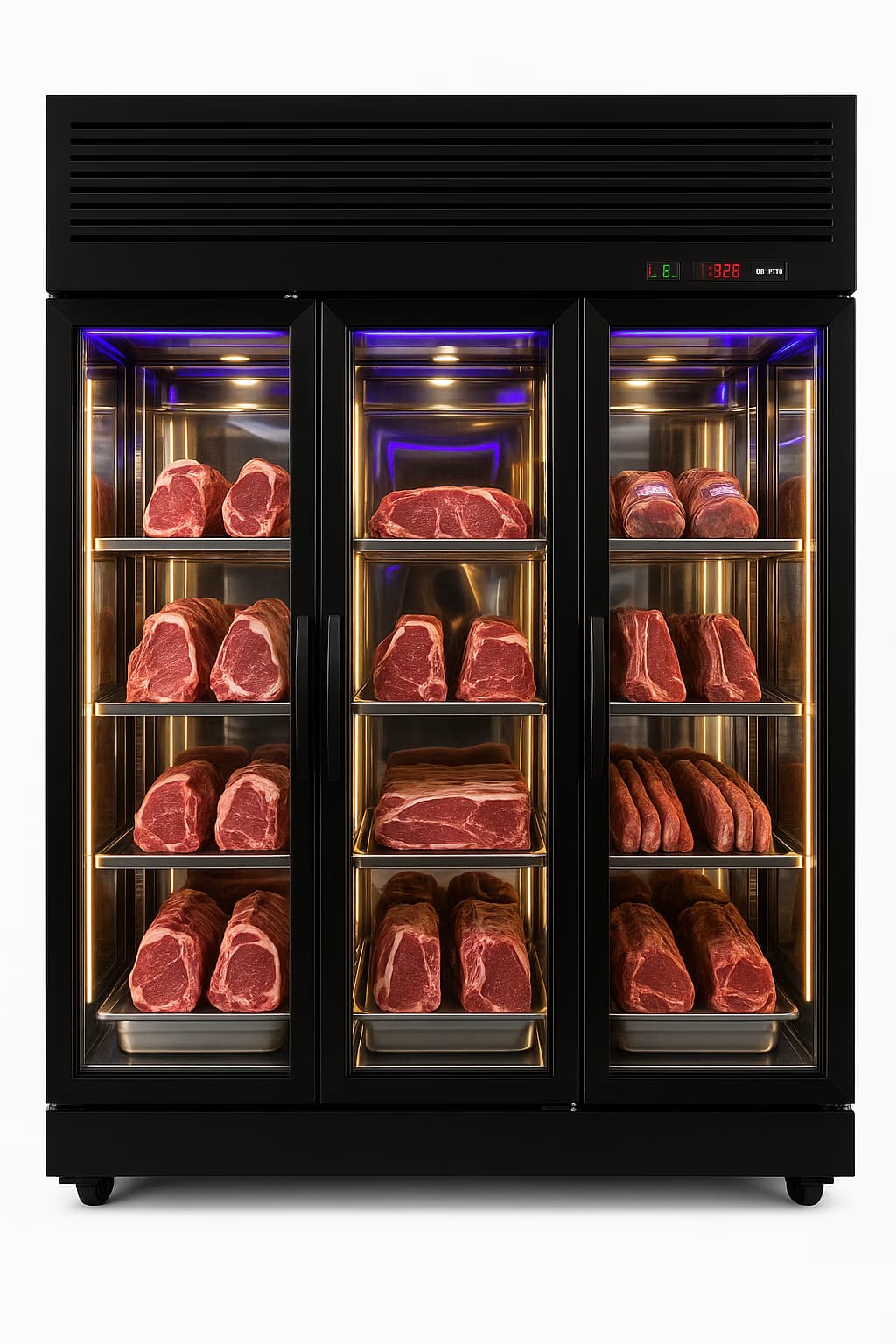 Vitrina frigorifica profesionala pentru maturare carne – 3 usi, control umiditate si sare de Himalaya