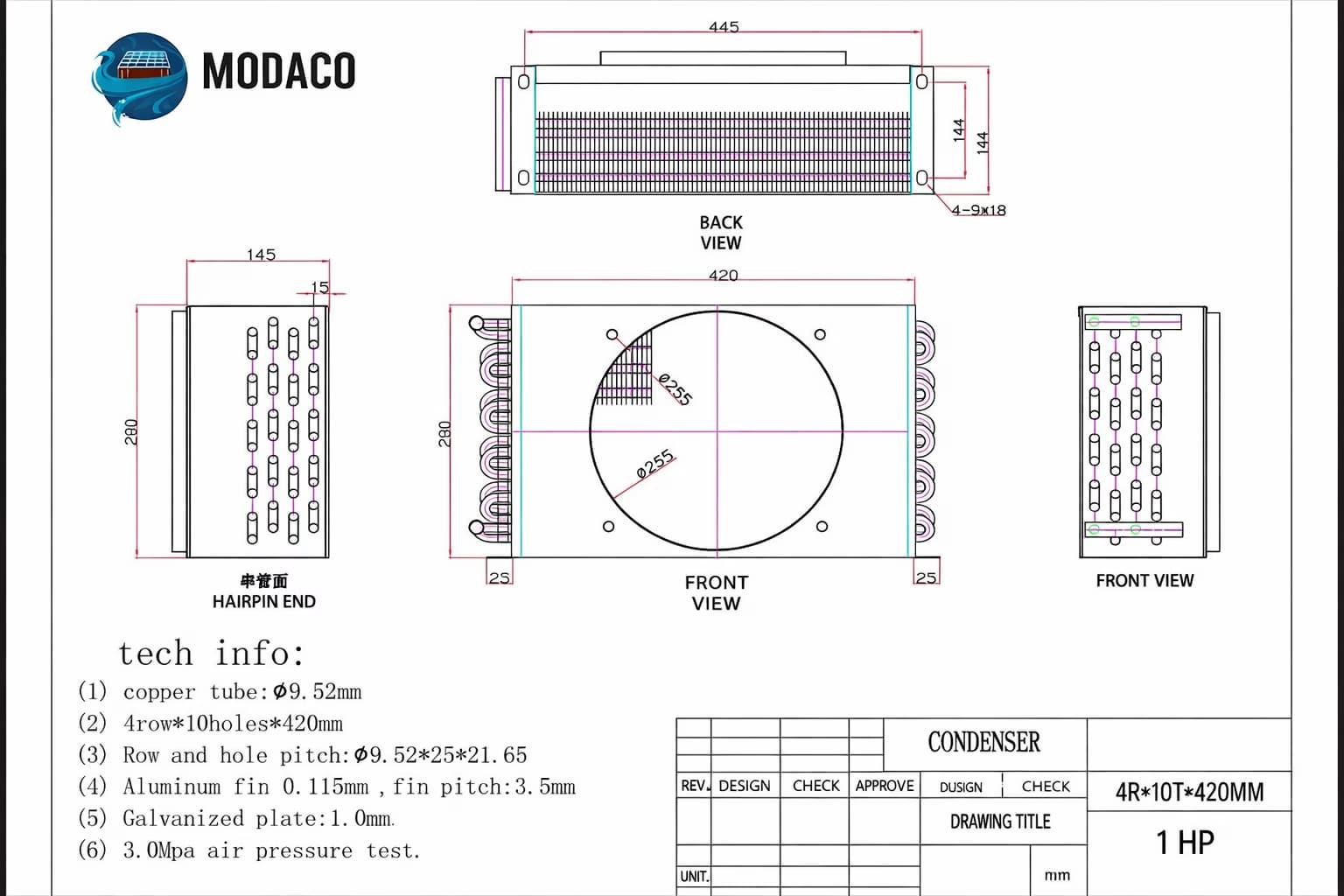 Condensator frigorific 1HP 4R*10T*420mm – ECHIPAT COMPLET CU VENTILATOR 16W
